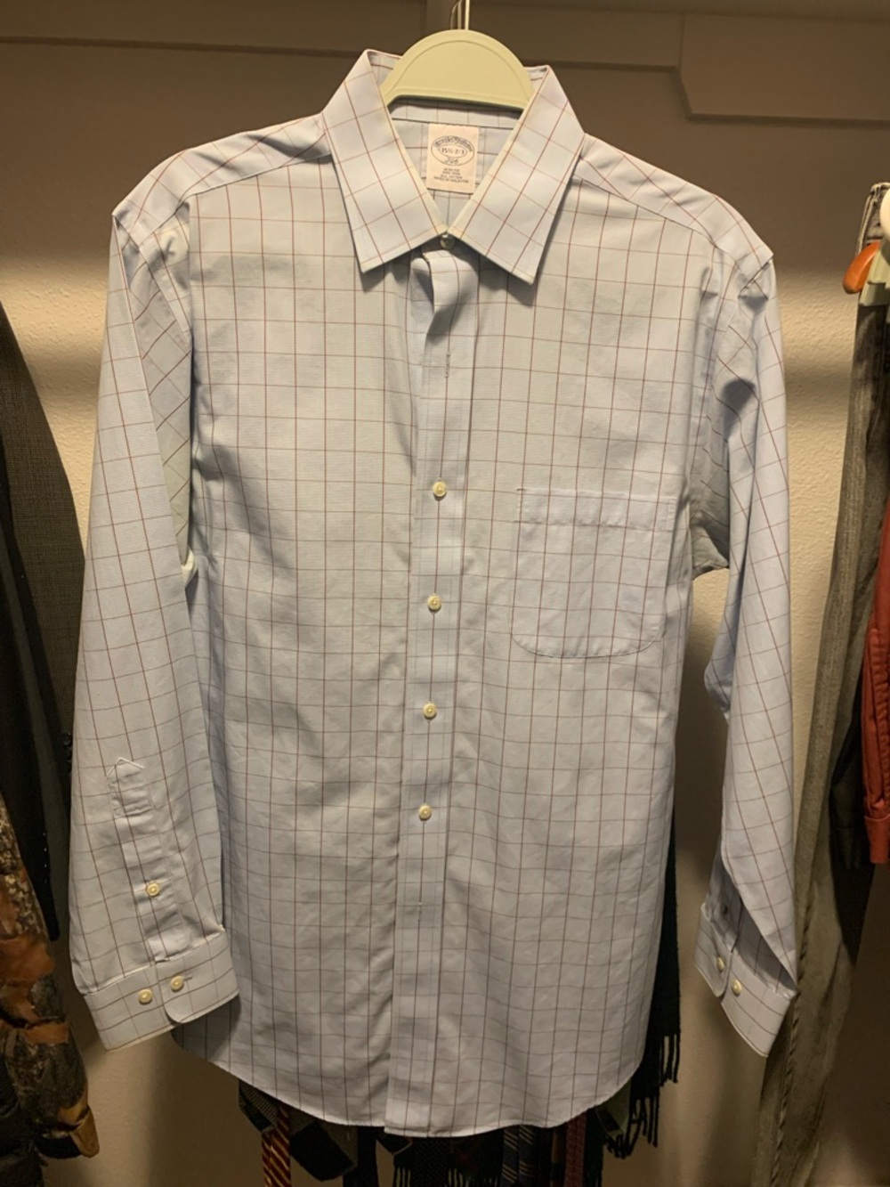 Brooks Brothers Light Blue Windowpane Dress Shirt with Red Lines